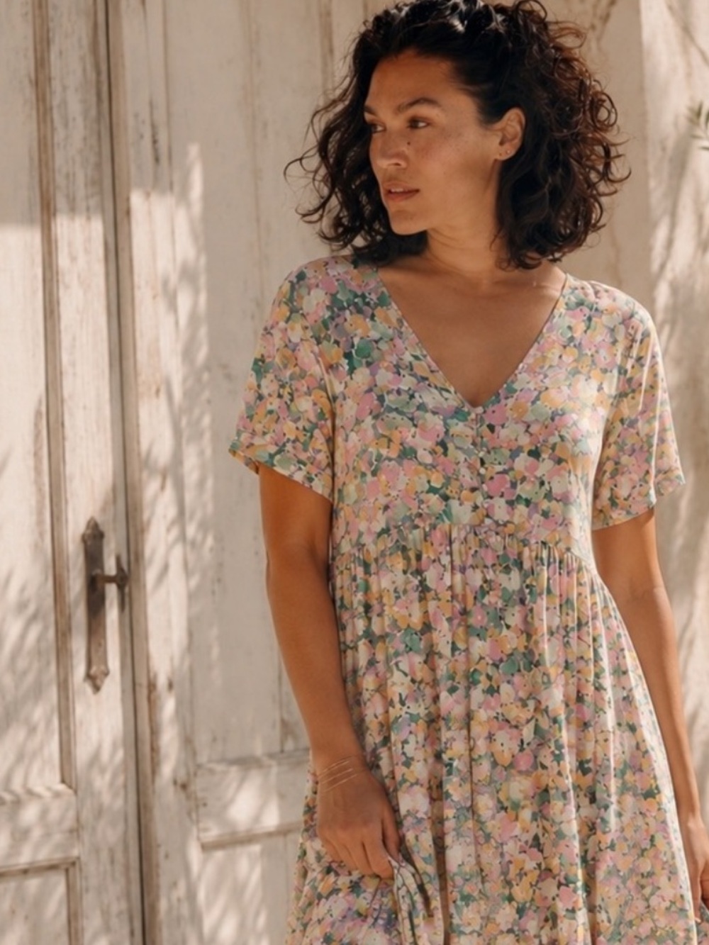 Floral V-Neck Short Sleeve Swing Dress in Pastel Multi
